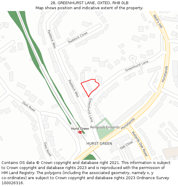 28, GREENHURST LANE, OXTED, RH8 0LB: Location map and indicative extent of plot