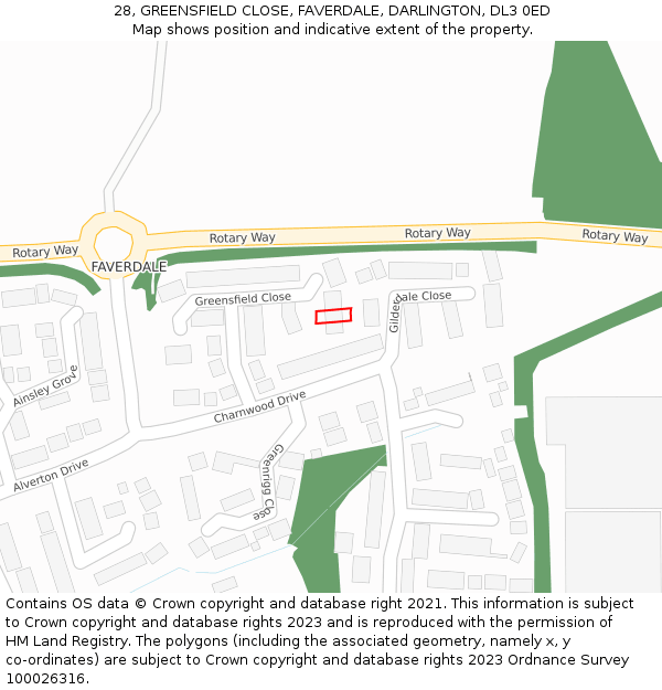 28, GREENSFIELD CLOSE, FAVERDALE, DARLINGTON, DL3 0ED: Location map and indicative extent of plot