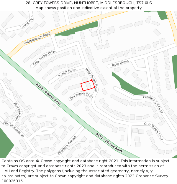 28, GREY TOWERS DRIVE, NUNTHORPE, MIDDLESBROUGH, TS7 0LS: Location map and indicative extent of plot