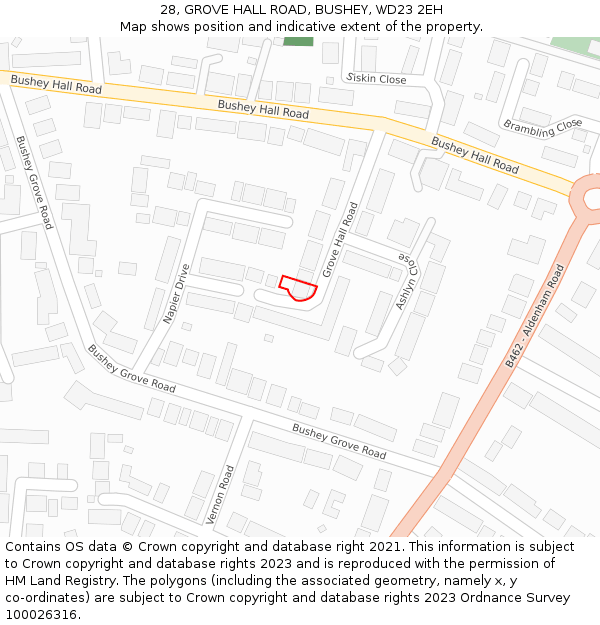 28, GROVE HALL ROAD, BUSHEY, WD23 2EH: Location map and indicative extent of plot