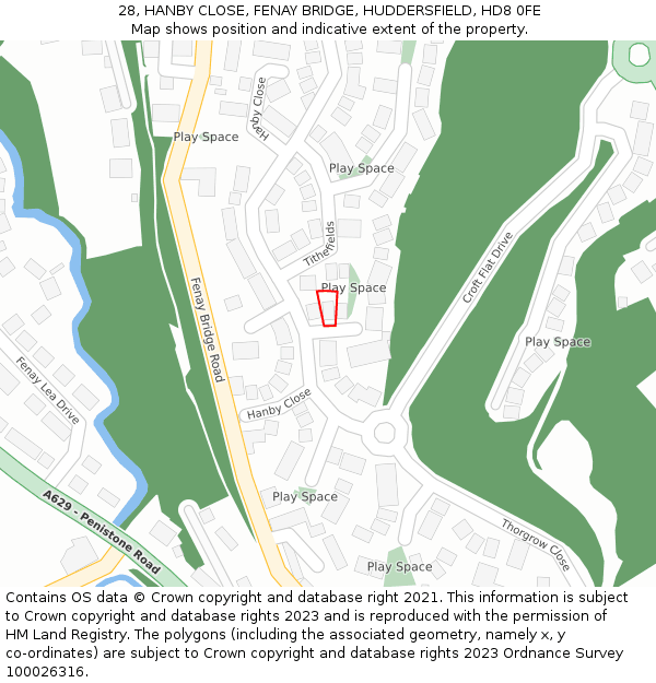 28, HANBY CLOSE, FENAY BRIDGE, HUDDERSFIELD, HD8 0FE: Location map and indicative extent of plot