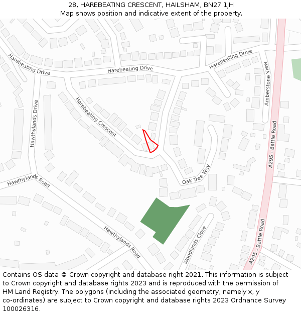 28, HAREBEATING CRESCENT, HAILSHAM, BN27 1JH: Location map and indicative extent of plot