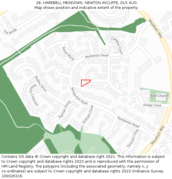 28, HAREBELL MEADOWS, NEWTON AYCLIFFE, DL5 4UG: Location map and indicative extent of plot