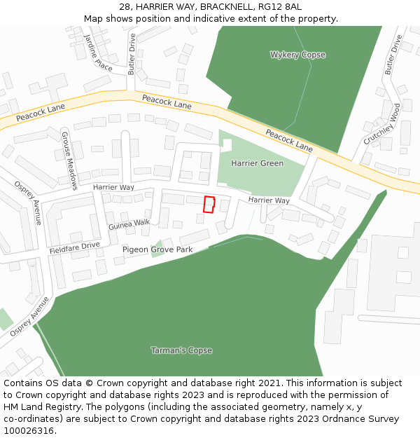 28, HARRIER WAY, BRACKNELL, RG12 8AL: Location map and indicative extent of plot