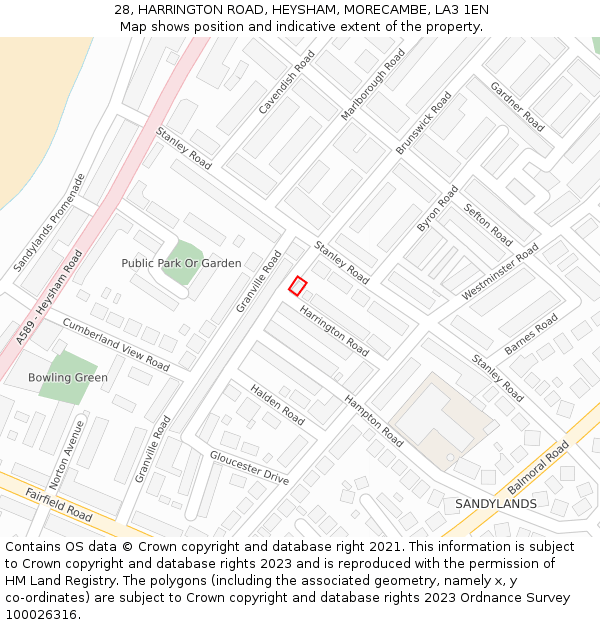 28, HARRINGTON ROAD, HEYSHAM, MORECAMBE, LA3 1EN: Location map and indicative extent of plot