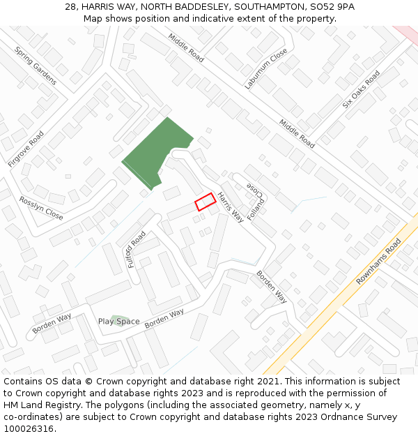 28, HARRIS WAY, NORTH BADDESLEY, SOUTHAMPTON, SO52 9PA: Location map and indicative extent of plot