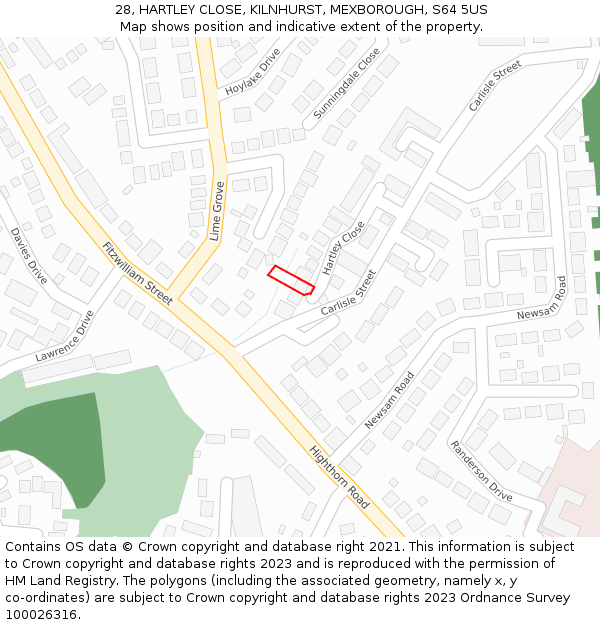 28, HARTLEY CLOSE, KILNHURST, MEXBOROUGH, S64 5US: Location map and indicative extent of plot