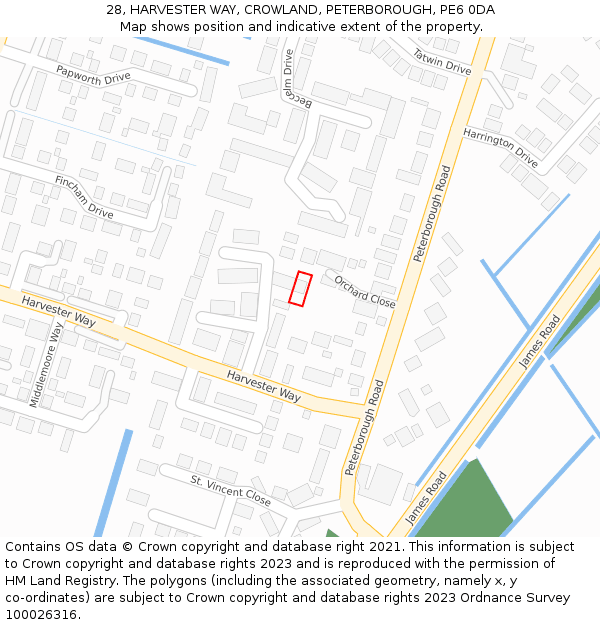 28, HARVESTER WAY, CROWLAND, PETERBOROUGH, PE6 0DA: Location map and indicative extent of plot