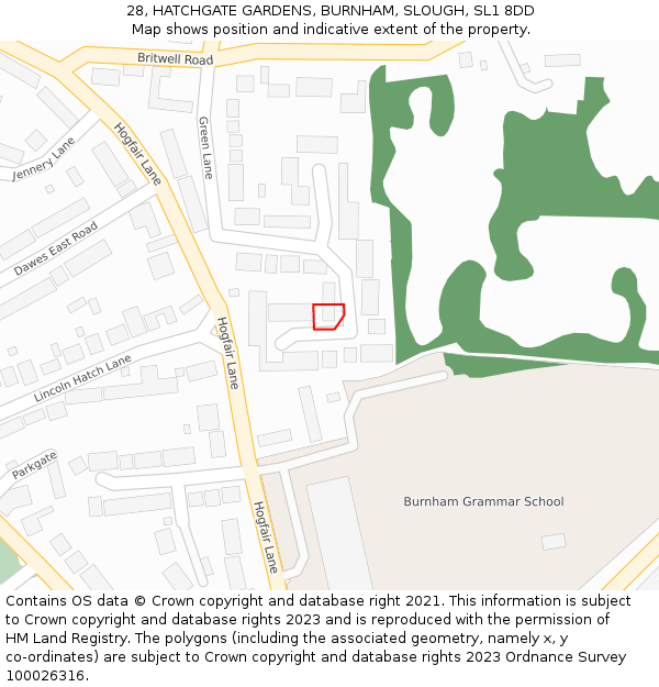 28, HATCHGATE GARDENS, BURNHAM, SLOUGH, SL1 8DD: Location map and indicative extent of plot
