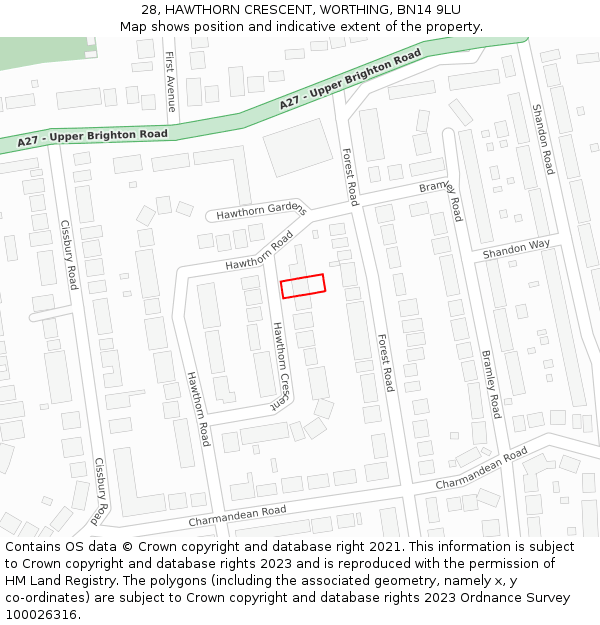 28, HAWTHORN CRESCENT, WORTHING, BN14 9LU: Location map and indicative extent of plot