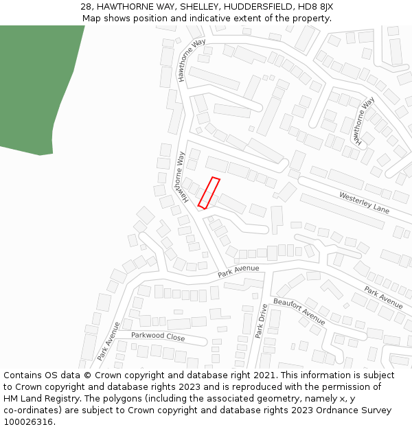 28, HAWTHORNE WAY, SHELLEY, HUDDERSFIELD, HD8 8JX: Location map and indicative extent of plot