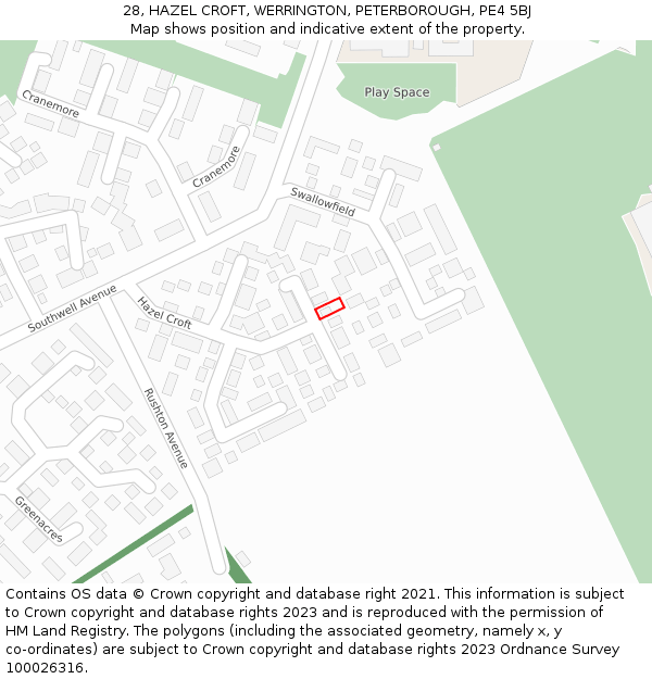 28, HAZEL CROFT, WERRINGTON, PETERBOROUGH, PE4 5BJ: Location map and indicative extent of plot