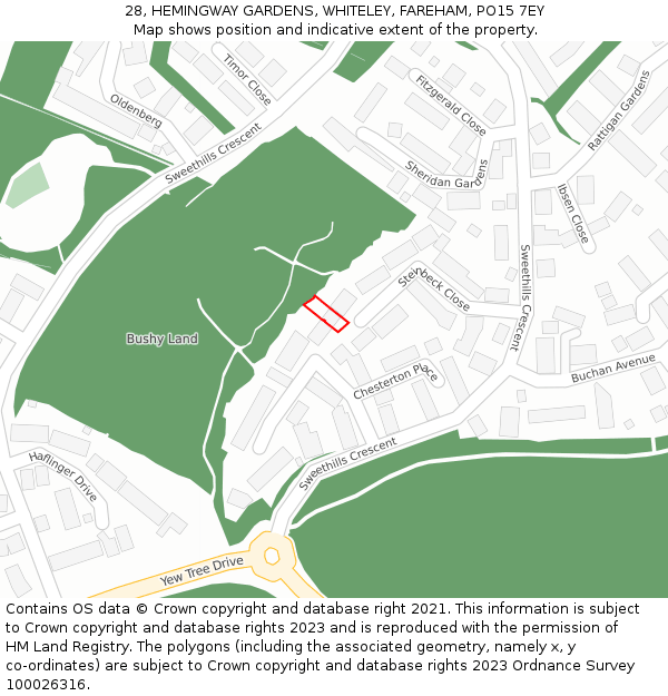 28, HEMINGWAY GARDENS, WHITELEY, FAREHAM, PO15 7EY: Location map and indicative extent of plot