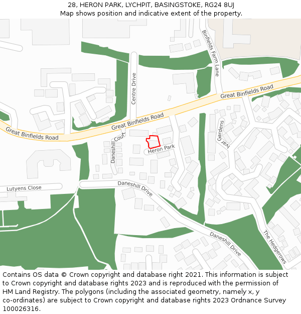 28, HERON PARK, LYCHPIT, BASINGSTOKE, RG24 8UJ: Location map and indicative extent of plot