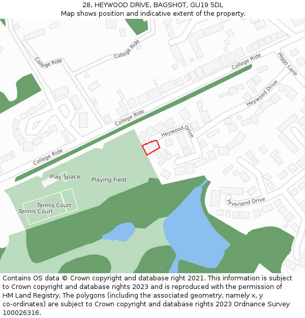 28, HEYWOOD DRIVE, BAGSHOT, GU19 5DL: Location map and indicative extent of plot