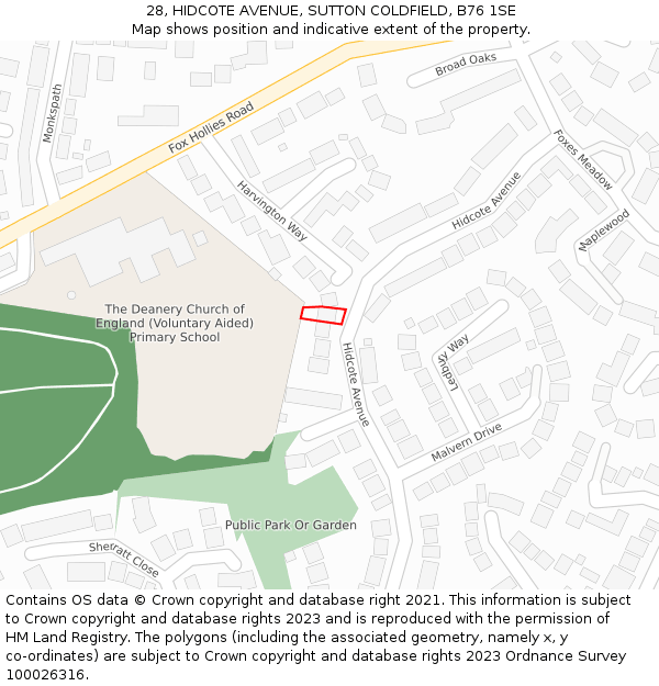 28, HIDCOTE AVENUE, SUTTON COLDFIELD, B76 1SE: Location map and indicative extent of plot