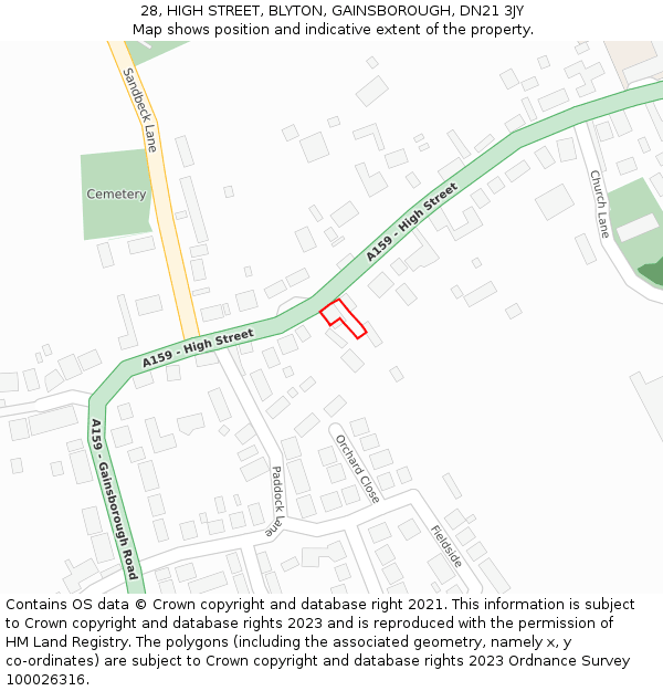 28, HIGH STREET, BLYTON, GAINSBOROUGH, DN21 3JY: Location map and indicative extent of plot