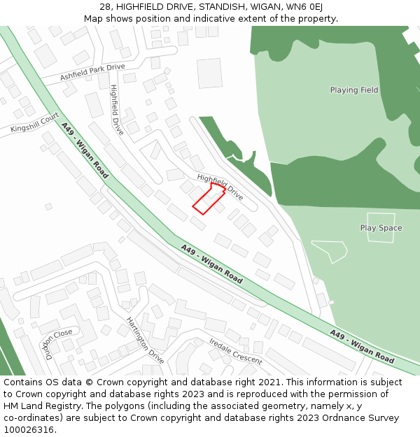 28, HIGHFIELD DRIVE, STANDISH, WIGAN, WN6 0EJ: Location map and indicative extent of plot