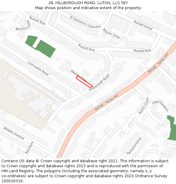28, HILLBOROUGH ROAD, LUTON, LU1 5EY: Location map and indicative extent of plot