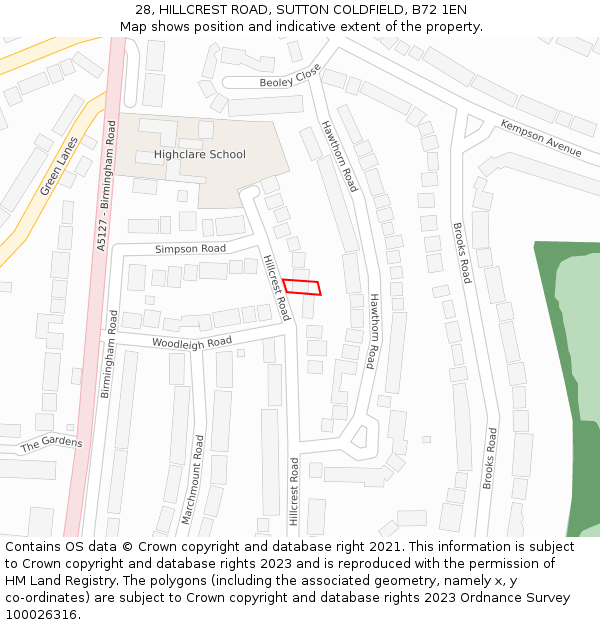 28, HILLCREST ROAD, SUTTON COLDFIELD, B72 1EN: Location map and indicative extent of plot