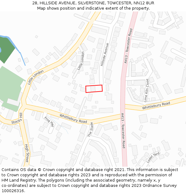 28, HILLSIDE AVENUE, SILVERSTONE, TOWCESTER, NN12 8UR: Location map and indicative extent of plot
