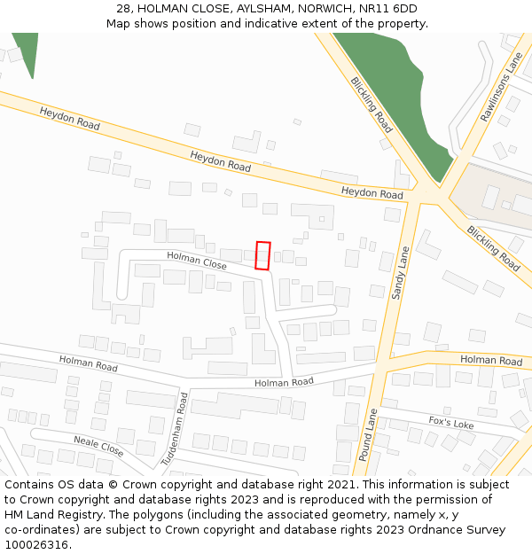 28, HOLMAN CLOSE, AYLSHAM, NORWICH, NR11 6DD: Location map and indicative extent of plot