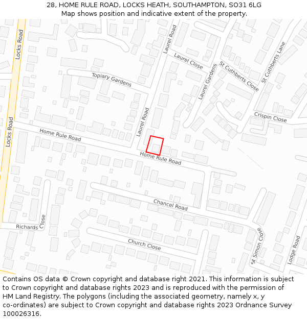 28, HOME RULE ROAD, LOCKS HEATH, SOUTHAMPTON, SO31 6LG: Location map and indicative extent of plot