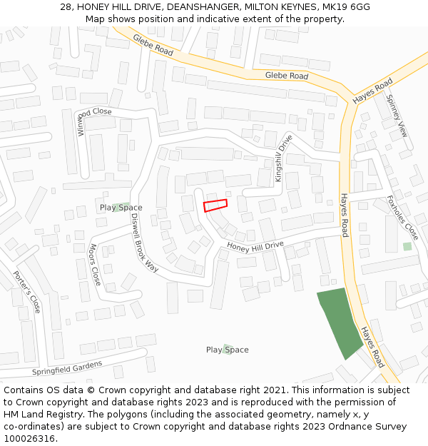 28, HONEY HILL DRIVE, DEANSHANGER, MILTON KEYNES, MK19 6GG: Location map and indicative extent of plot