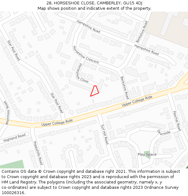 28, HORSESHOE CLOSE, CAMBERLEY, GU15 4DJ: Location map and indicative extent of plot