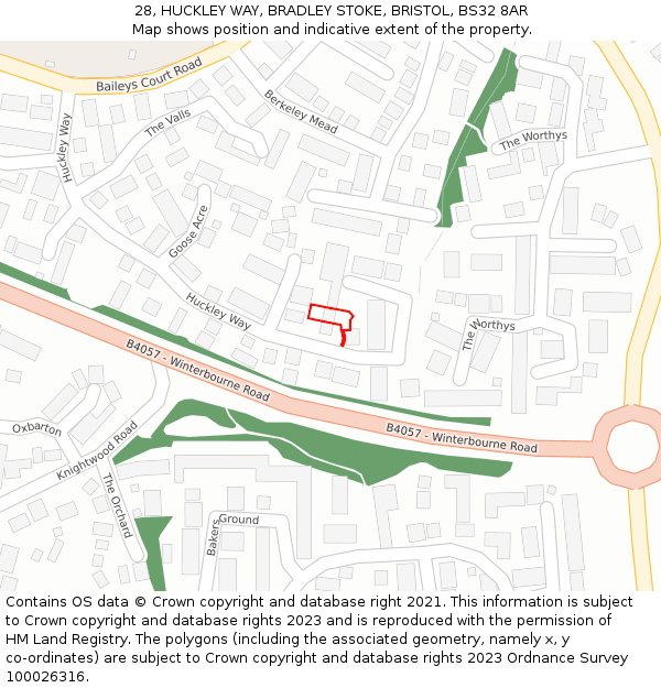 28, HUCKLEY WAY, BRADLEY STOKE, BRISTOL, BS32 8AR: Location map and indicative extent of plot