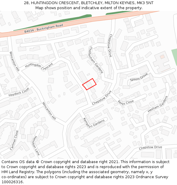 28, HUNTINGDON CRESCENT, BLETCHLEY, MILTON KEYNES, MK3 5NT: Location map and indicative extent of plot