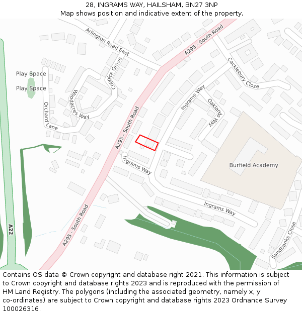 28, INGRAMS WAY, HAILSHAM, BN27 3NP: Location map and indicative extent of plot