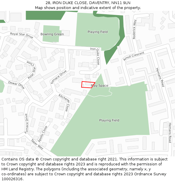 28, IRON DUKE CLOSE, DAVENTRY, NN11 9LN: Location map and indicative extent of plot