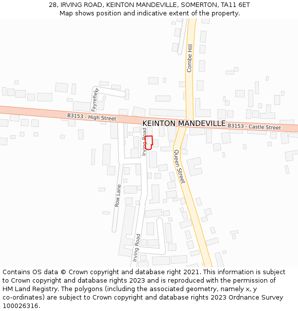 28, IRVING ROAD, KEINTON MANDEVILLE, SOMERTON, TA11 6ET: Location map and indicative extent of plot
