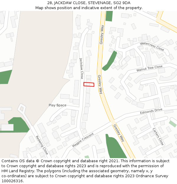 28, JACKDAW CLOSE, STEVENAGE, SG2 9DA: Location map and indicative extent of plot