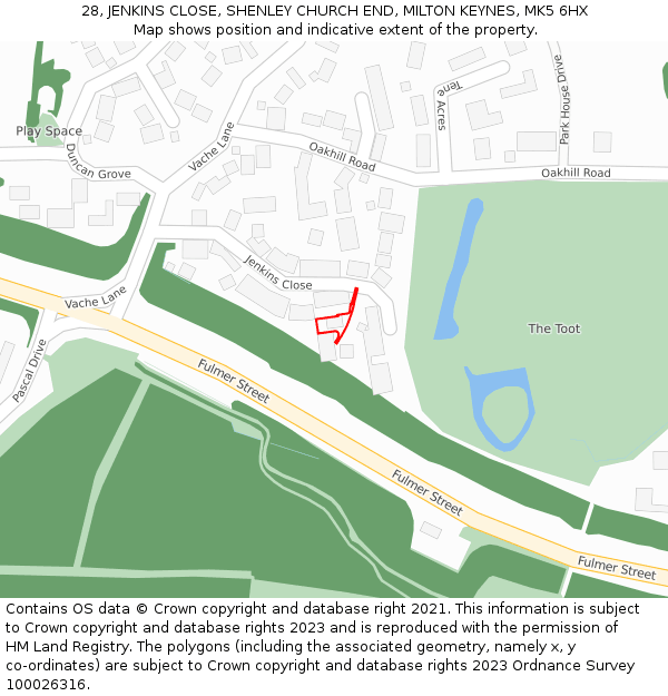 28, JENKINS CLOSE, SHENLEY CHURCH END, MILTON KEYNES, MK5 6HX: Location map and indicative extent of plot