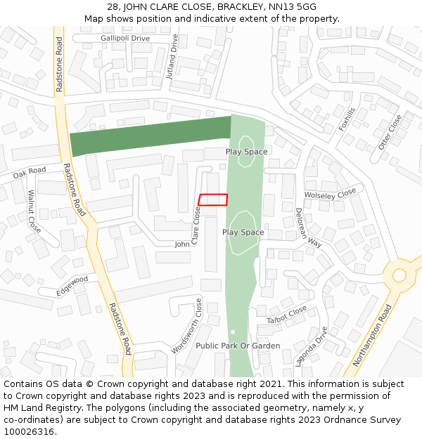 28, JOHN CLARE CLOSE, BRACKLEY, NN13 5GG: Location map and indicative extent of plot