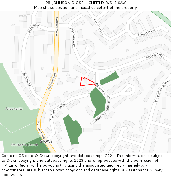 28, JOHNSON CLOSE, LICHFIELD, WS13 6AW: Location map and indicative extent of plot