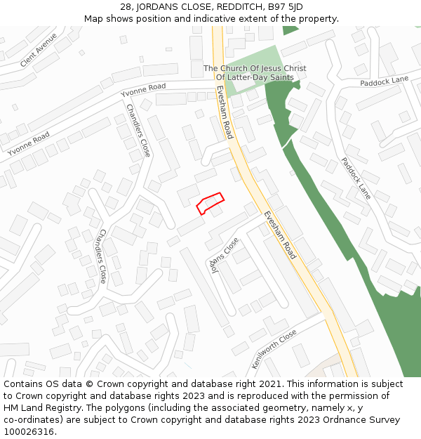 28, JORDANS CLOSE, REDDITCH, B97 5JD: Location map and indicative extent of plot