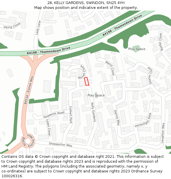 28, KELLY GARDENS, SWINDON, SN25 4YH: Location map and indicative extent of plot