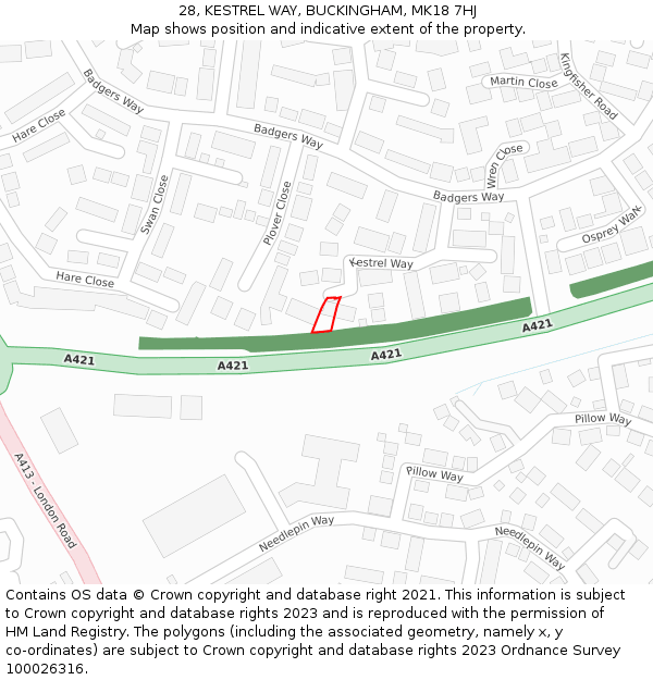 28, KESTREL WAY, BUCKINGHAM, MK18 7HJ: Location map and indicative extent of plot