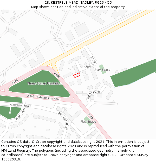 28, KESTRELS MEAD, TADLEY, RG26 4QD: Location map and indicative extent of plot