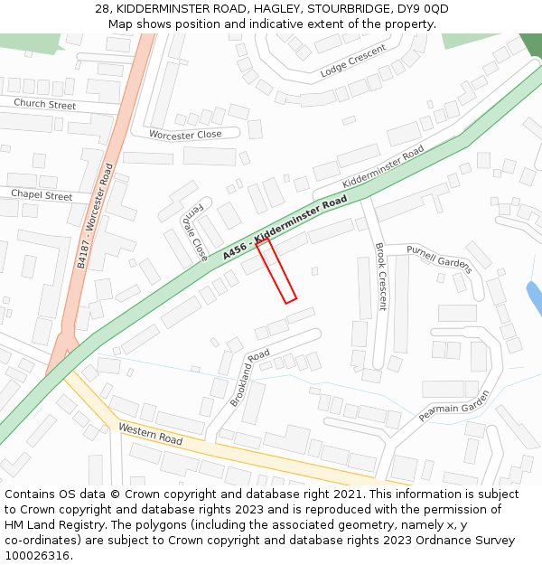 28, KIDDERMINSTER ROAD, HAGLEY, STOURBRIDGE, DY9 0QD: Location map and indicative extent of plot