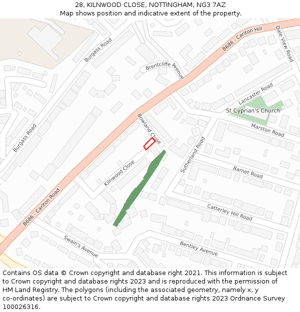 28, KILNWOOD CLOSE, NOTTINGHAM, NG3 7AZ: Location map and indicative extent of plot