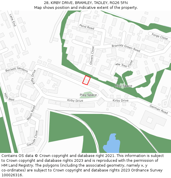 28, KIRBY DRIVE, BRAMLEY, TADLEY, RG26 5FN: Location map and indicative extent of plot
