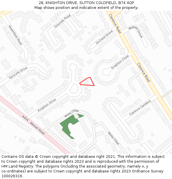 28, KNIGHTON DRIVE, SUTTON COLDFIELD, B74 4QP: Location map and indicative extent of plot