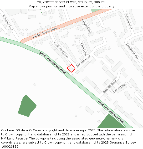 28, KNOTTESFORD CLOSE, STUDLEY, B80 7RL: Location map and indicative extent of plot