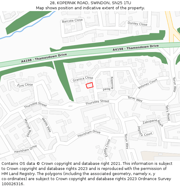 28, KOPERNIK ROAD, SWINDON, SN25 1TU: Location map and indicative extent of plot