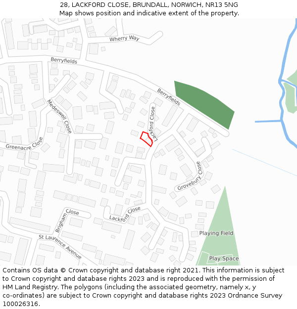 28, LACKFORD CLOSE, BRUNDALL, NORWICH, NR13 5NG: Location map and indicative extent of plot