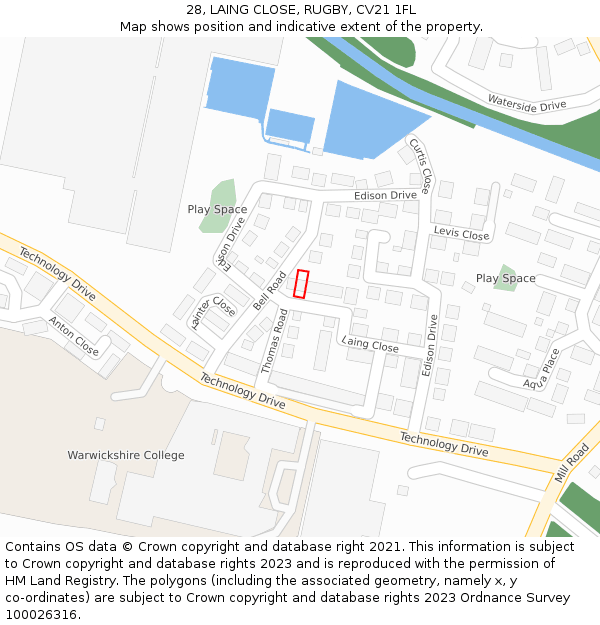 28, LAING CLOSE, RUGBY, CV21 1FL: Location map and indicative extent of plot